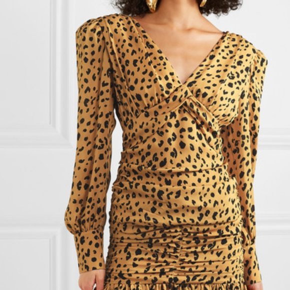 Puff sleeve leopard printed silk ruffle mini dress - size 0 - Modern 80s style - Picture 2 of 16